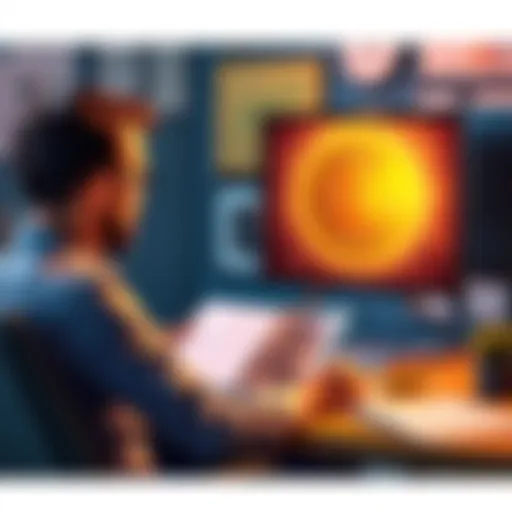 A person sitting at a desk, reviewing a loan application for a FIAT loan to buy Bitcoin, with a Bitcoin logo on the screen.