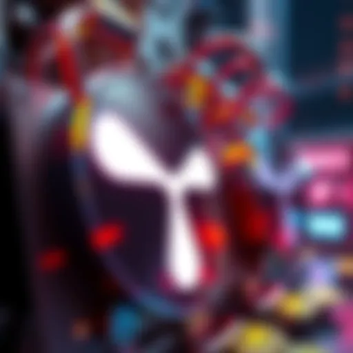 A close-up view of the NR7 XRP miner showing its design and features with cryptocurrency symbols around it.