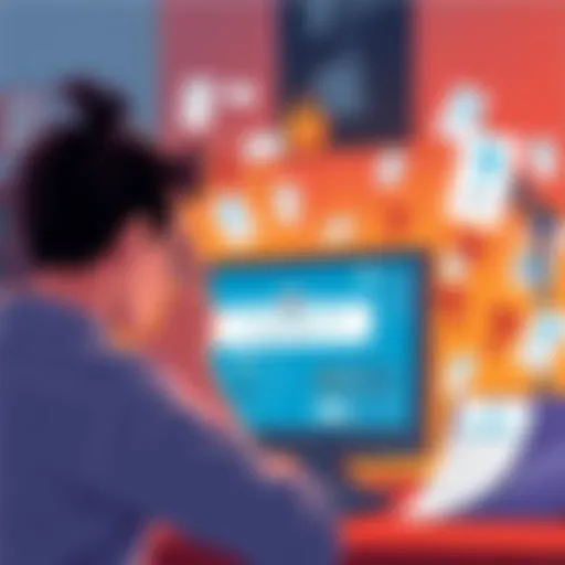 A frustrated person staring at a computer screen with account verification messages, surrounded by question marks and paperwork.