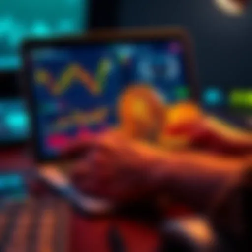 A person calculating digital currency accumulation on a laptop with charts and coins visible