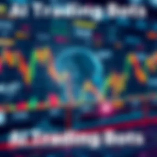 A digital trading interface showing market data and charts with an AI trading bot graphic in the center.