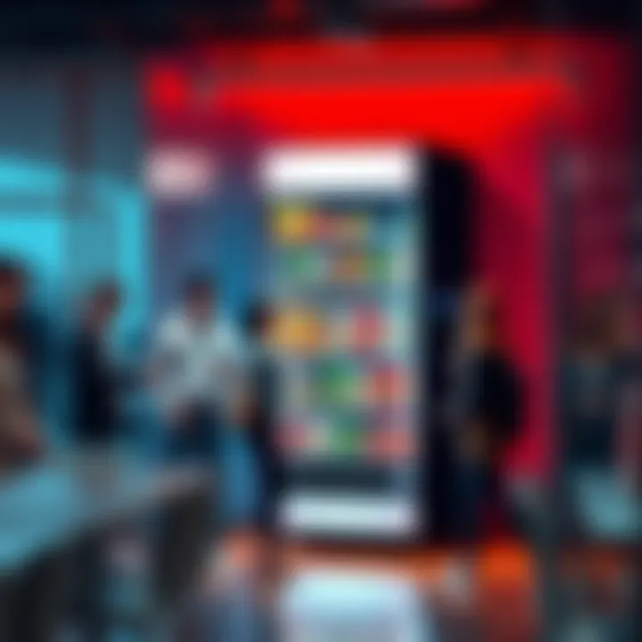 A modern AI vending machine filled with snacks in a busy breakroom setting with people interacting with it.