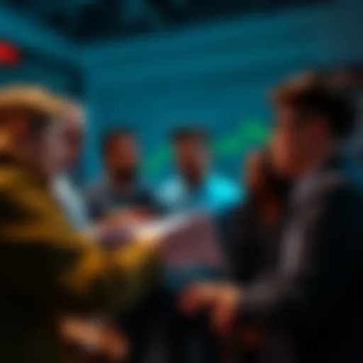 A group of diverse individuals discussing altcoin investments, expressing various opinions while referencing charts and graphs.