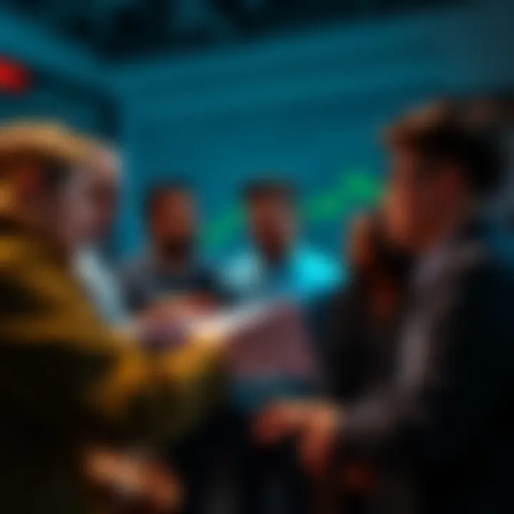 A group of diverse individuals discussing altcoin investments, expressing various opinions while referencing charts and graphs.