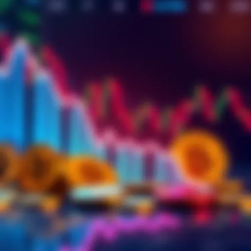 Graph depicting a decline in altcoin prices with a background of coins and charts, symbolizing market fluctuations