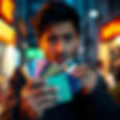 A person holding multiple credit and debit cards while looking frustrated