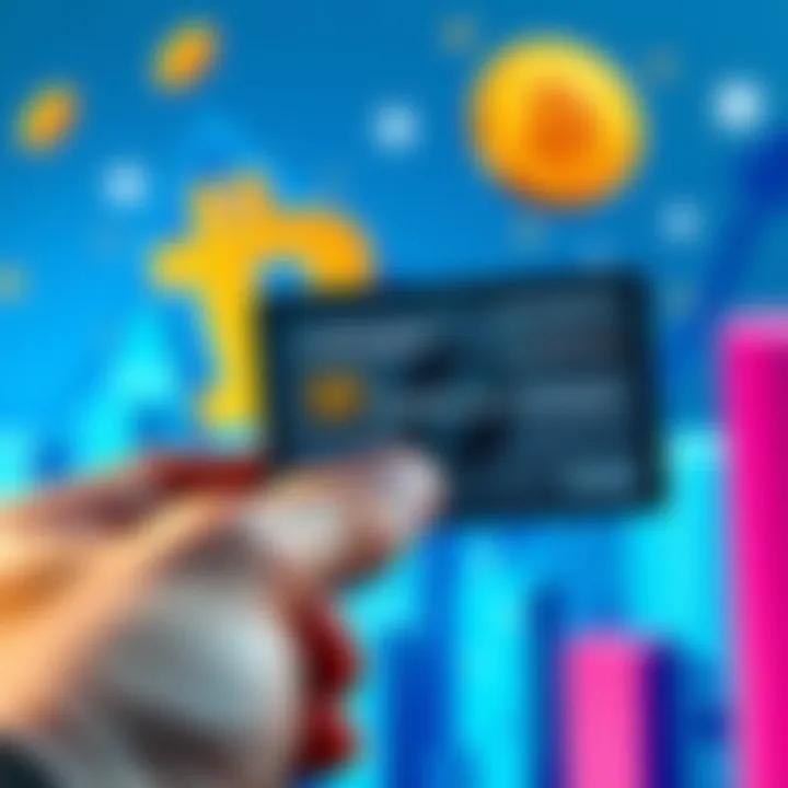 A person holding an American Express credit card with Bitcoin rewards illustration in the background