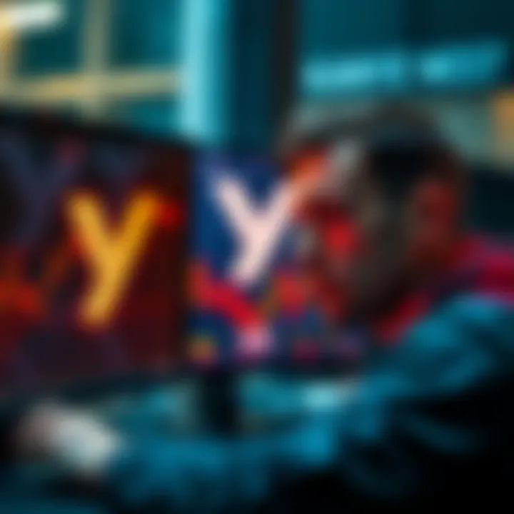 Andrew Tate looking frustrated while checking his trading losses on a computer screen with Kanye West's YZY logo in the background