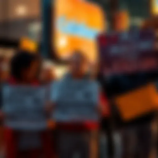 A group of frustrated people standing outside a Coinbase office, holding signs that criticize the platform's trading restrictions.