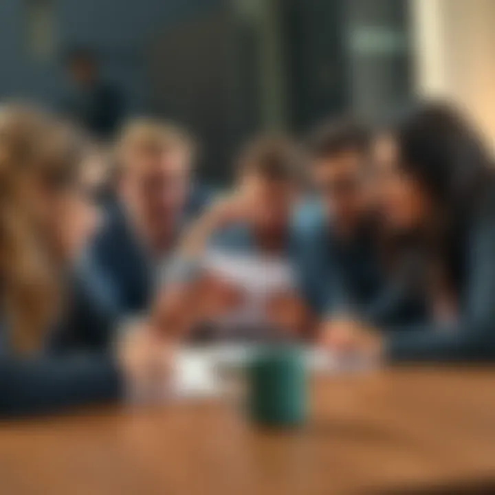 A group of frustrated people expressing concerns over a financial app's fund management, holding documents and discussing at a table