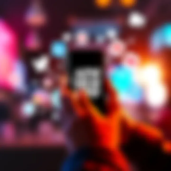 A person using a smartphone to promote a new app, surrounded by social media icons and feedback symbols.