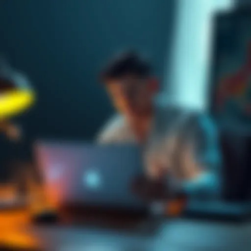 An artist sitting at a desk, looking worried while checking a laptop for NFT transactions