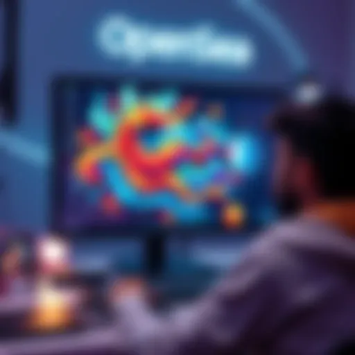 An emerging artist displays colorful digital artwork on a computer screen with OpenSea logo visible in the background.