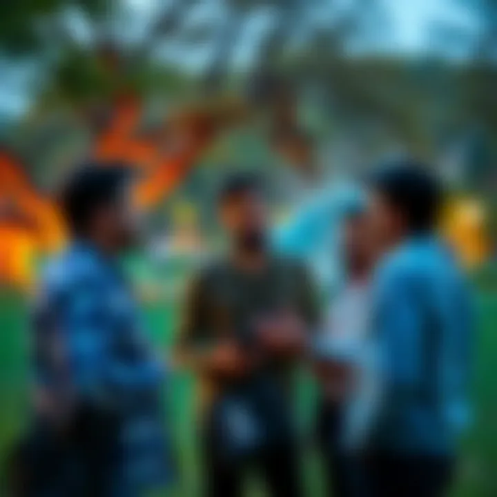 A group of people discussing the value of investing in Atlas Earth in a park setting.