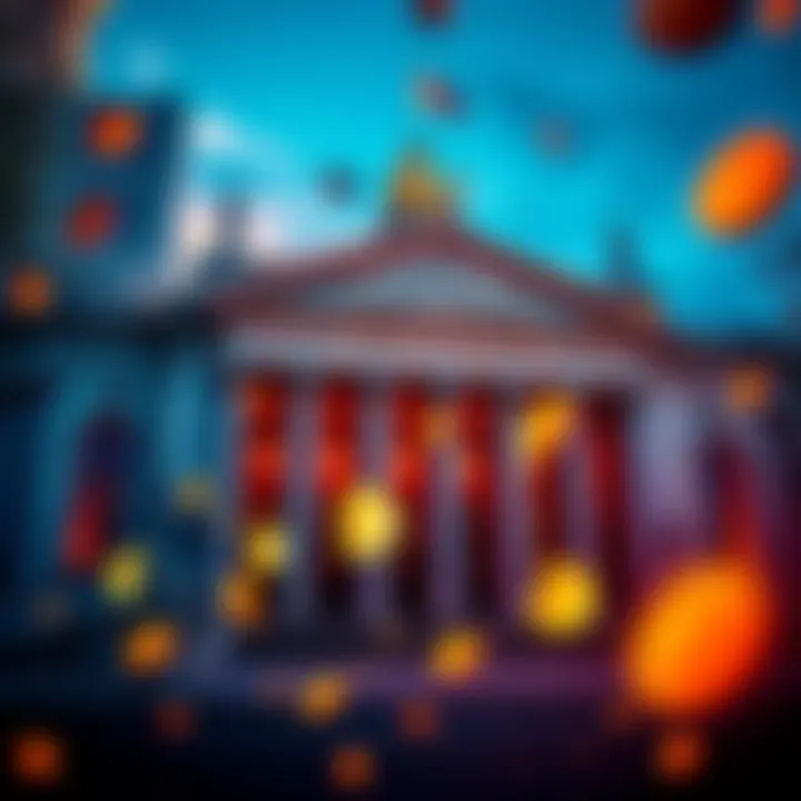 Exterior view of the Bank of England with floating digital currency icons in the foreground