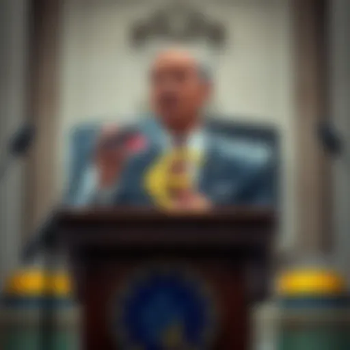 The Chief of the Bank of Italy speaks about the digital euro's role in managing cryptocurrency risks at a podium