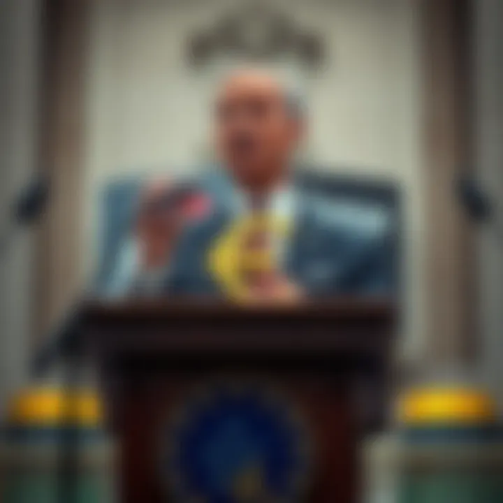 The Chief of the Bank of Italy speaks about the digital euro's role in managing cryptocurrency risks at a podium