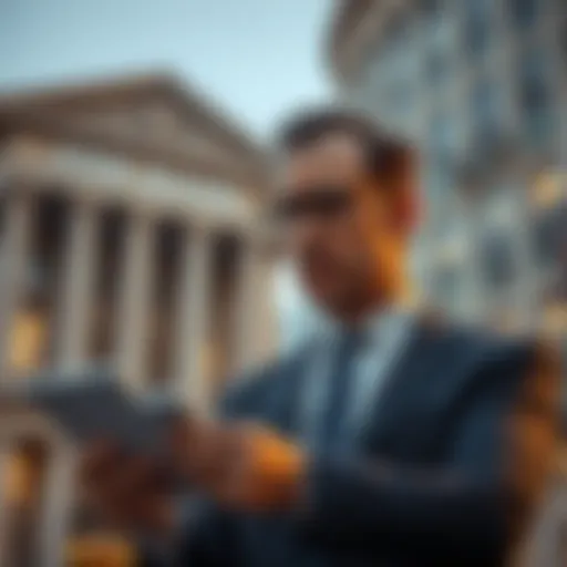 A worried bank executive looking at a chart showing rising yield bearing stablecoins, with traditional bank buildings in the background.