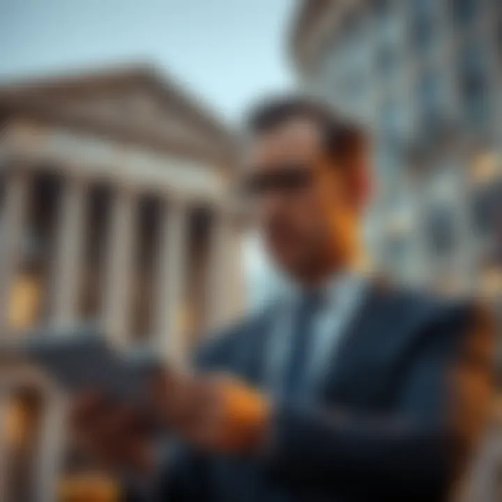 A worried bank executive looking at a chart showing rising yield bearing stablecoins, with traditional bank buildings in the background.