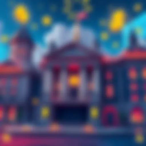 An illustration showing traditional bank buildings with digital currency symbols, representing the shift towards cryptocurrency in banking.
