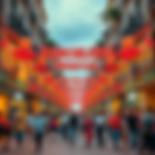 A lively street festival in Barcelona with colorful decorations and people dancing