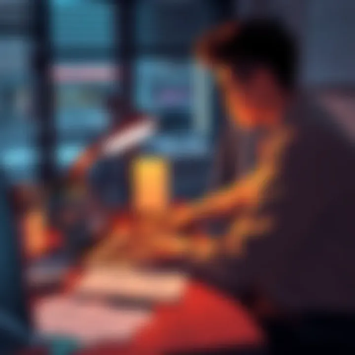 A person sitting at a desk, looking at their portfolio on a laptop, surrounded by notes and sketches, seeking feedback from others.