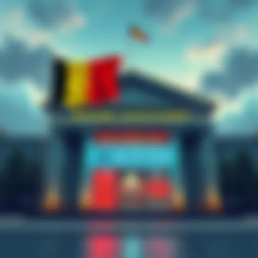 Illustration showing a bank building with a Belgian flag and a digital display of BE IBAN