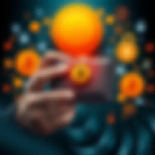 A person holding a cold storage wallet surrounded by Bitcoin symbols and security icons