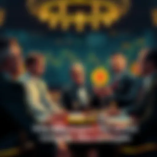 A group of wealthy individuals discussing cryptocurrency at a lavish event, set against a backdrop of financial charts and digital currency symbols.