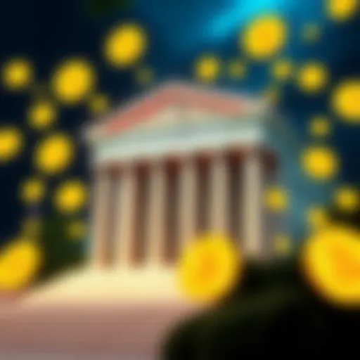 A graphic showing a bank building with Bitcoin symbols around it, representing JPMorgan's new loan initiative