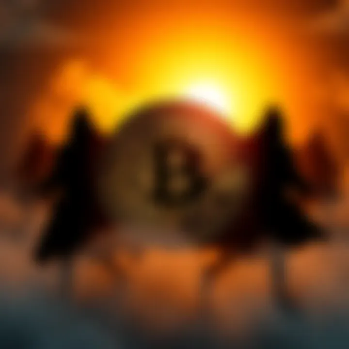 A Bitcoin symbol surrounded by shadowy figures representing the idea of controlled opposition
