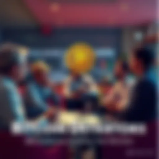 A group of people discussing negative views on Bitcoin in a casual setting with charts and papers around them