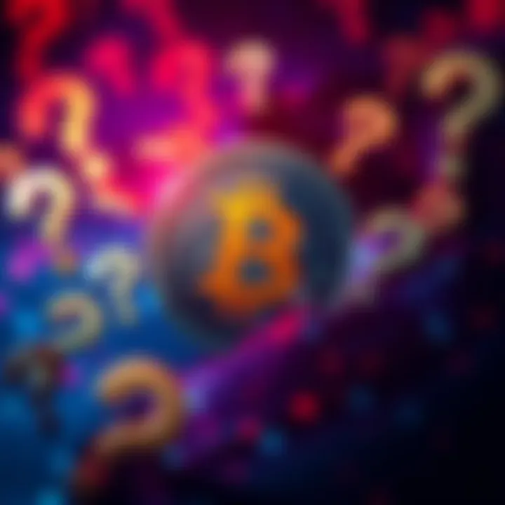 A digital representation of a Bitcoin symbol surrounded by question marks, showing confusion and uncertainty about its future.