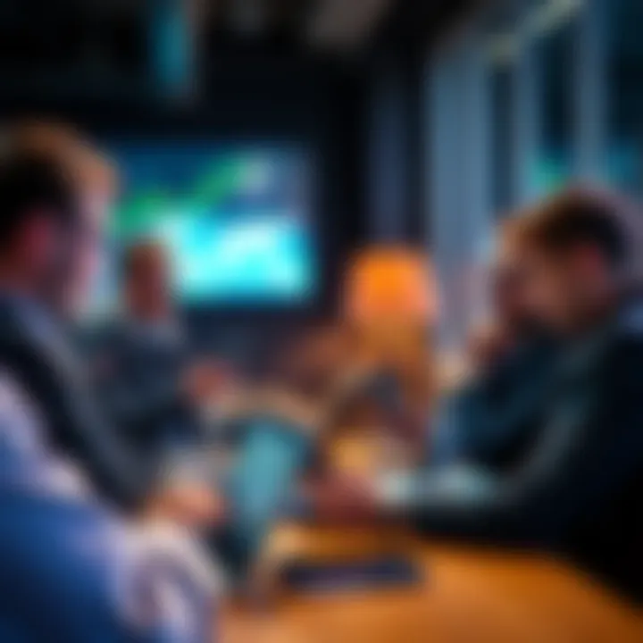 A group of people discussing Bitcoin with laptops and smartphones in a casual setting