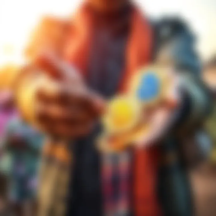A person handing Bitcoin symbols to individuals in need, representing charity and support, with a warm background of community and hope.