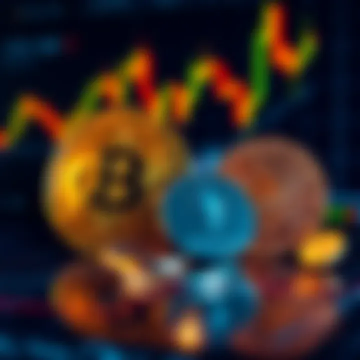 A visual representation of Bitcoin and Ethereum coins beside trading charts showing market trends