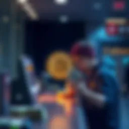 A visual representation of Bitcoin and cash, showing a person frustrated at a bank counter while trying to exchange Bitcoin for fiat currency.