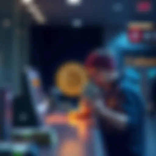 A visual representation of Bitcoin and cash, showing a person frustrated at a bank counter while trying to exchange Bitcoin for fiat currency.