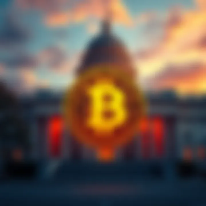 A Bitcoin symbol in front of a government building, symbolizing the tension between cryptocurrency and government control.