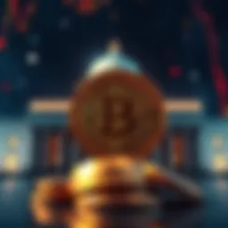A visual representation of Bitcoin coins overshadowed by a government building, symbolizing increased regulation on cryptocurrencies.