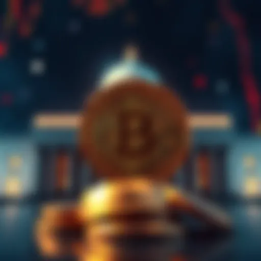 A visual representation of Bitcoin coins overshadowed by a government building, symbolizing increased regulation on cryptocurrencies.
