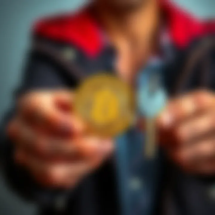 A person holding Bitcoin coins in one hand and house keys in the other, symbolizing the choice between selling cryptocurrency for a down payment and renting.
