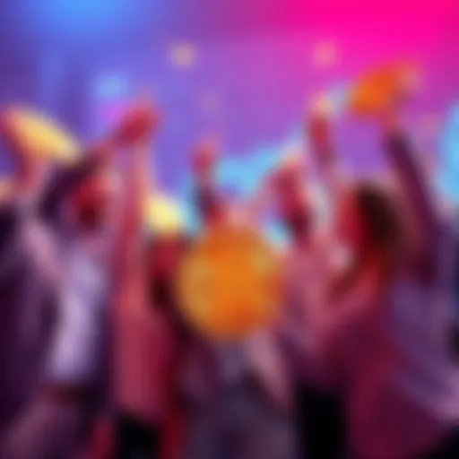 A group of happy investors celebrating their profits from Bitcoin after buying at $15,000 in 2022, with charts showing market growth in the background.