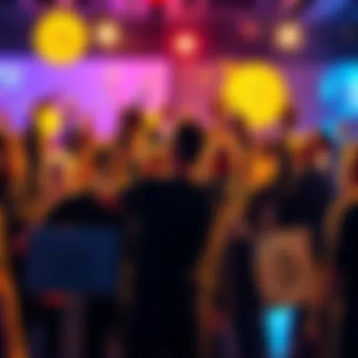 A group of Bitcoin enthusiasts celebrating at a conference, with Bitcoin symbols and charts in the background showing growth.