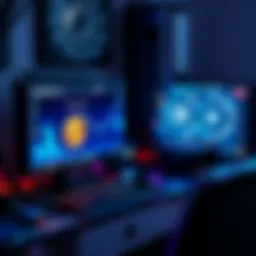 A computer setup with mining hardware and Bitcoin graphics on screen