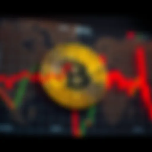 A Bitcoin price chart depicting a sharp decline, with a red line indicating the drop in value, reflecting recent market panic among people.