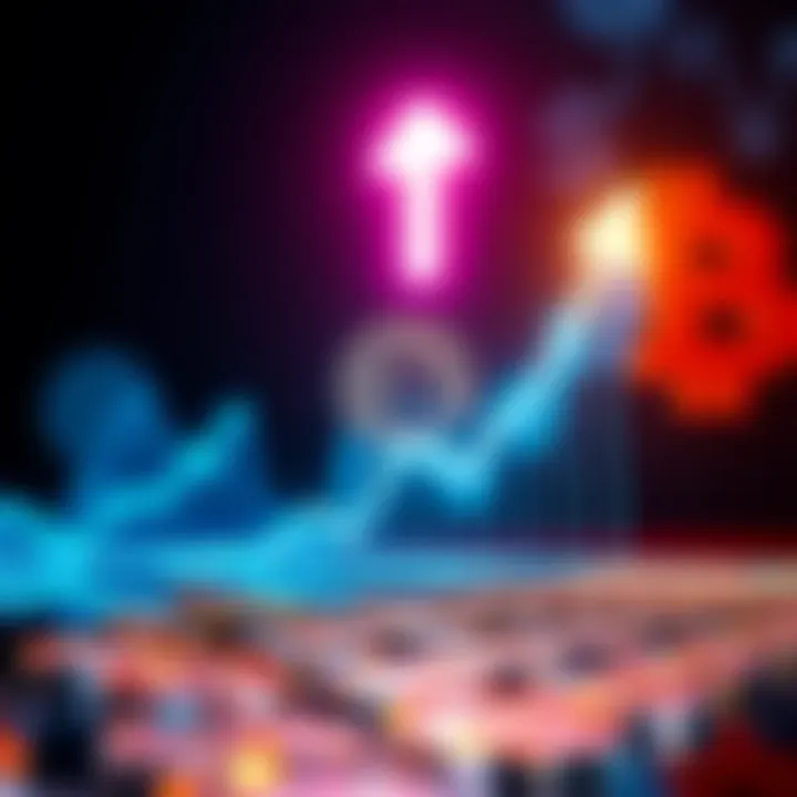 A chart showing Bitcoin's price rising dramatically, with a bright upward arrow and a dollar sign in the background