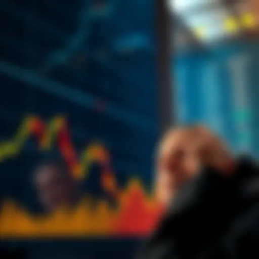 A graph showing the decline in Bitcoin prices, with a worried investor looking at the screen, contemplating their next move.