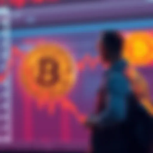 A graph showing a sharp decline in Bitcoin prices over time, with a worried investor looking on.