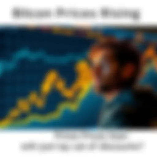 A chart showing Bitcoin prices increasing with a person looking at it thoughtfully, symbolizing the anticipation of discounts and future gains.
